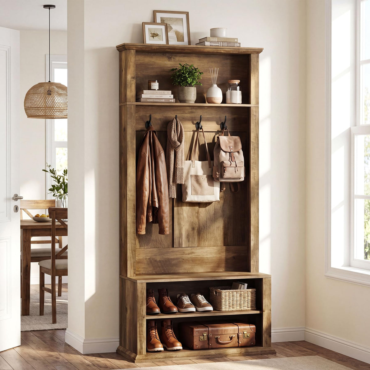 Hall Tree with Bench and Shoe Storage, 70.89" Tall Hall Tree with Coat Hooks, Open Shoe Shelves and Top Display