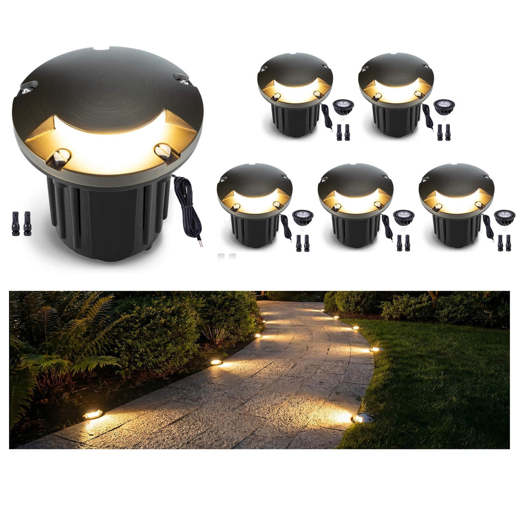Landscape Well Lights Outdoor - Brass Weathproof Low Voltage In Ground Lighting, LED 12V Turret Top Fixture, Antique
