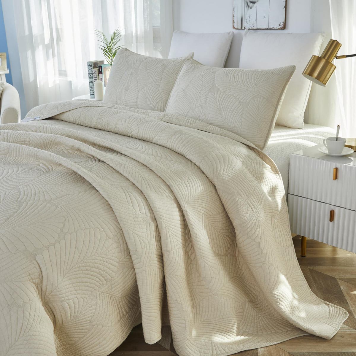 Beige Palm Stitch Quilt Set 100% Cotton Luxury Embroidered Palm Leaf Bedding Premium Summer Tropical Quilt