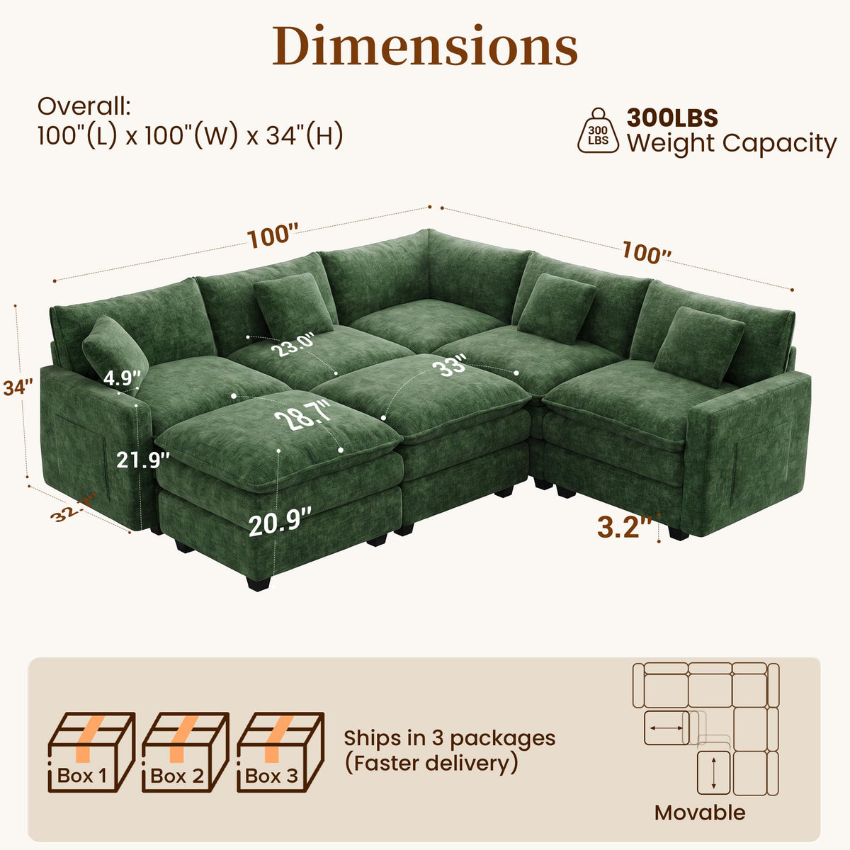 100" Modular Sectional Sofa, L-Shaped Cloud Couch with Ottoman, Green