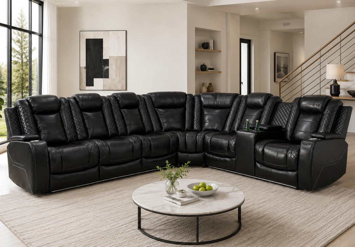 Black Power Reclining Leather Sectional Couch, LED Lighting Recliner Sofa with Storage Console, Cup Holders &