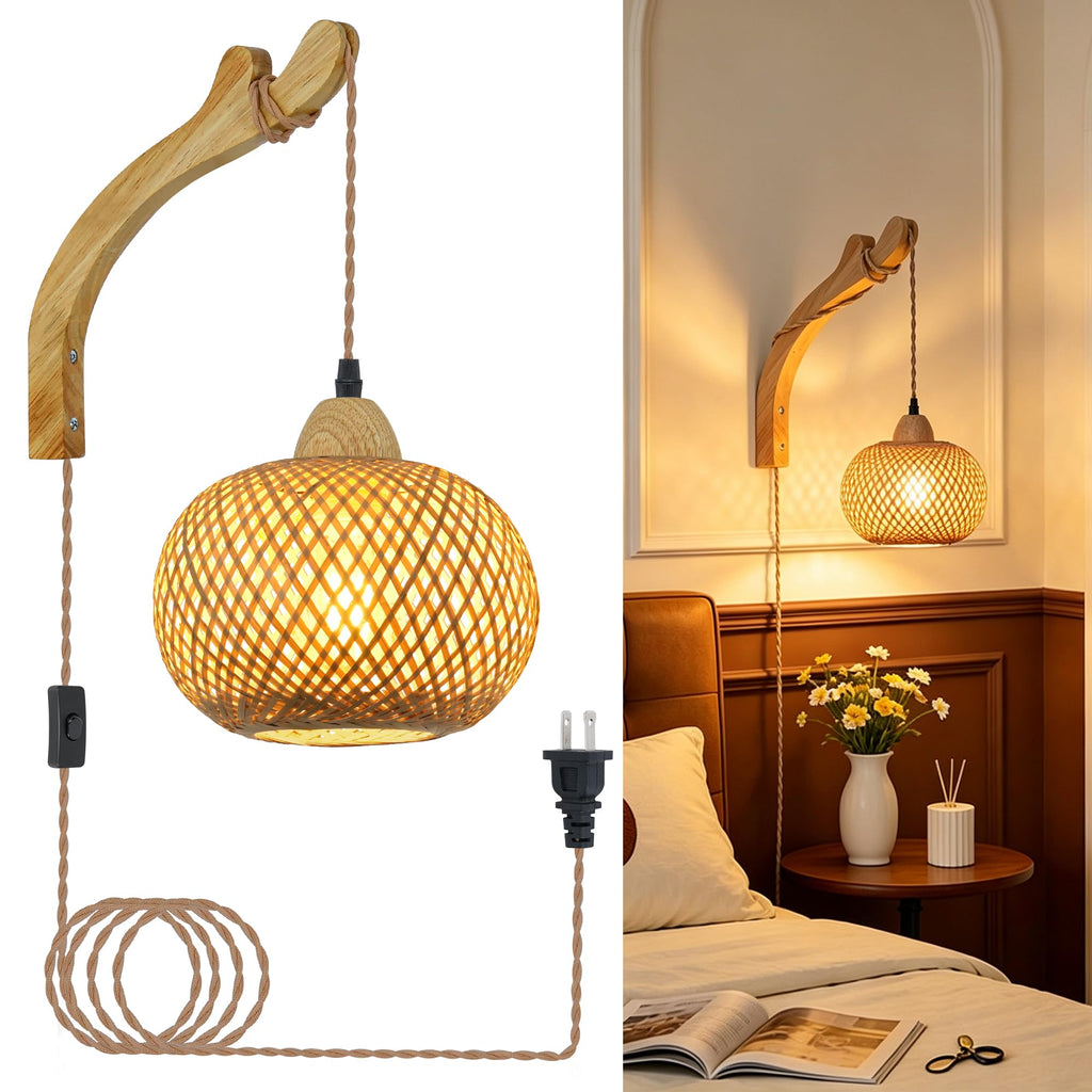 Bamboo Lantern Plug in Wall Sconces Wicker Wall Lamp with Plug in Cord Hand Woven Rattan Wall Light Farmhouse Rustic