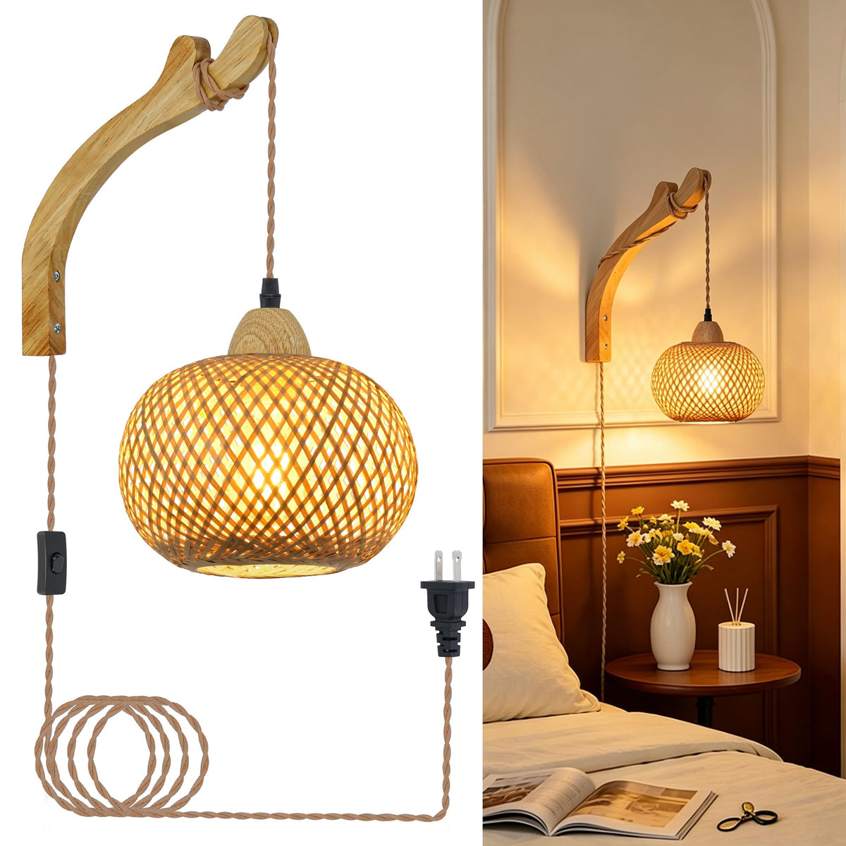 Bamboo Lantern Plug in Wall Sconces Wicker Wall Lamp with Plug in Cord Hand Woven Rattan Wall Light Farmhouse Rustic