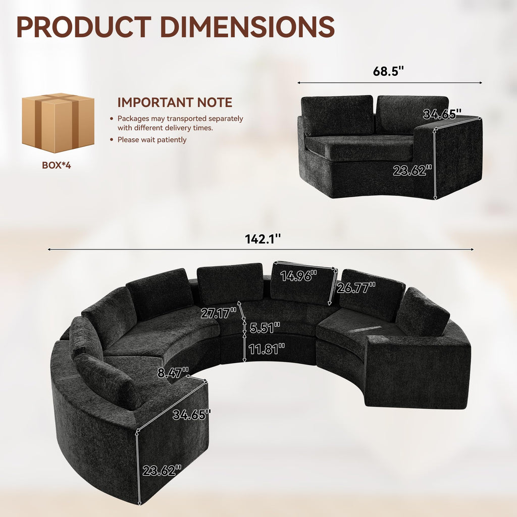 142'' Curved Round Boneless Couch, Oversized Half Moon with Deep Seat & Arms, Chenille Modular Sectional with