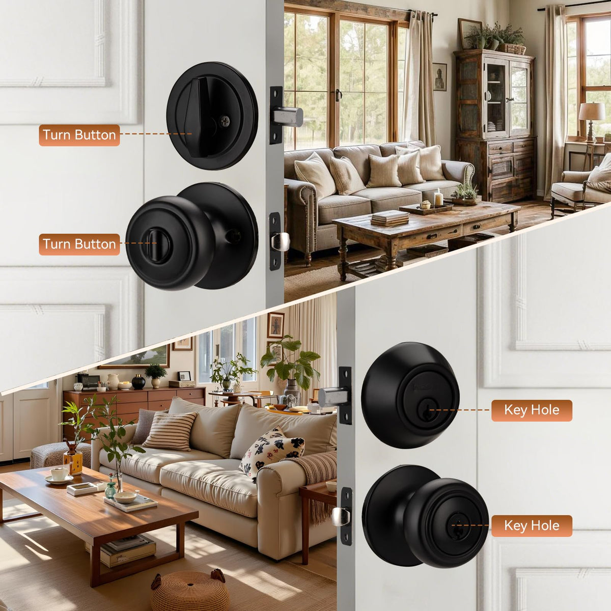2 Pack Black Exterior Door Knobs with Deadbolt Keyed Alike