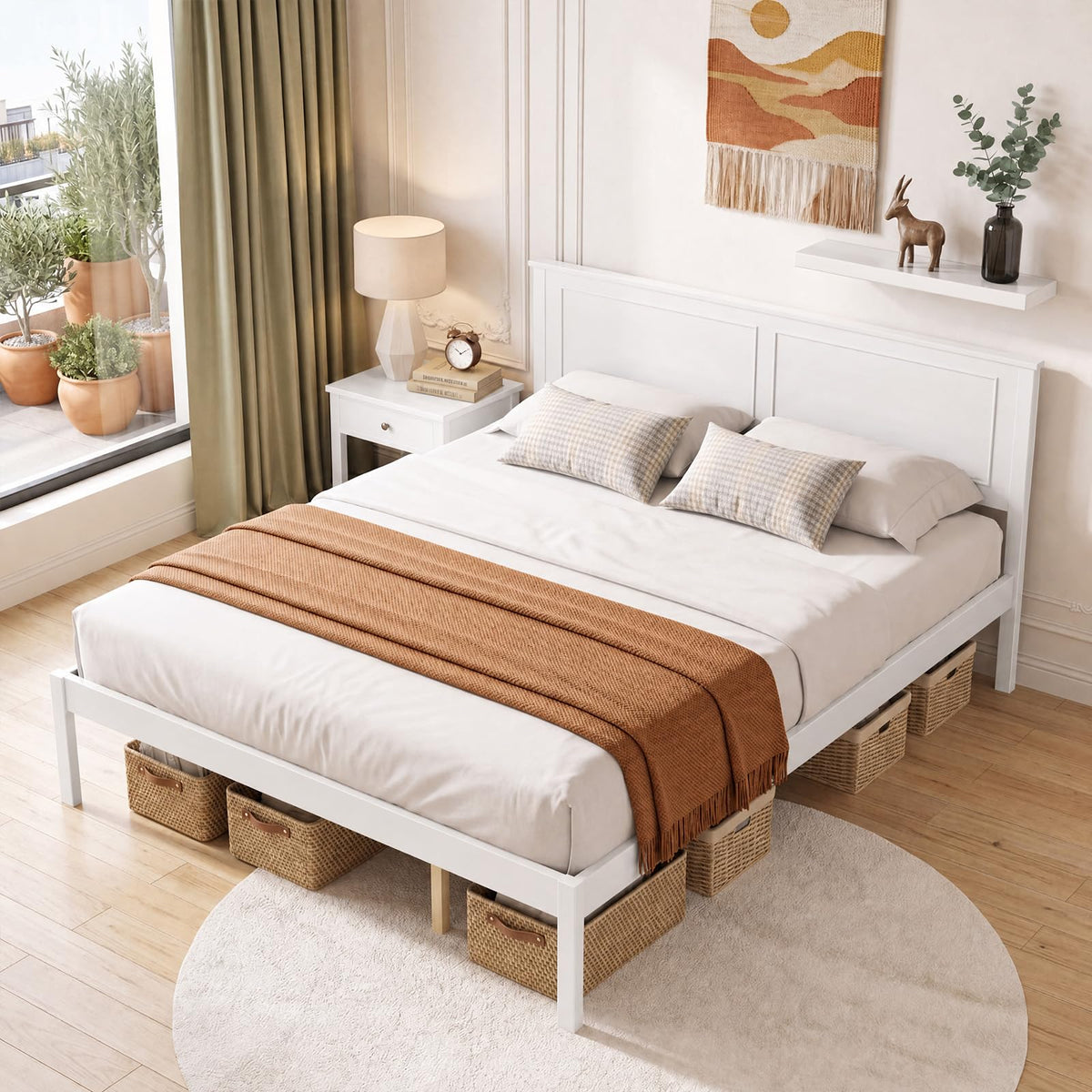 Bed Frame, Farmhouse Wooden Platform Bed with Headboard