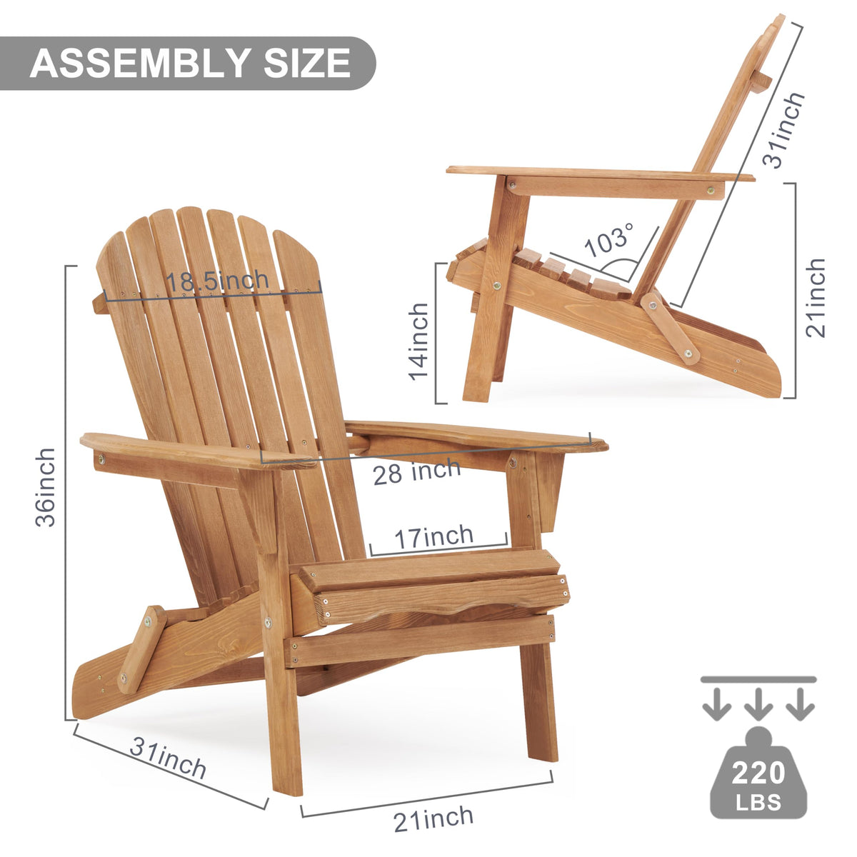 Outdoor Folding Adirondack Chair Set of 2, Wooden Patio Chairs, Light Brown