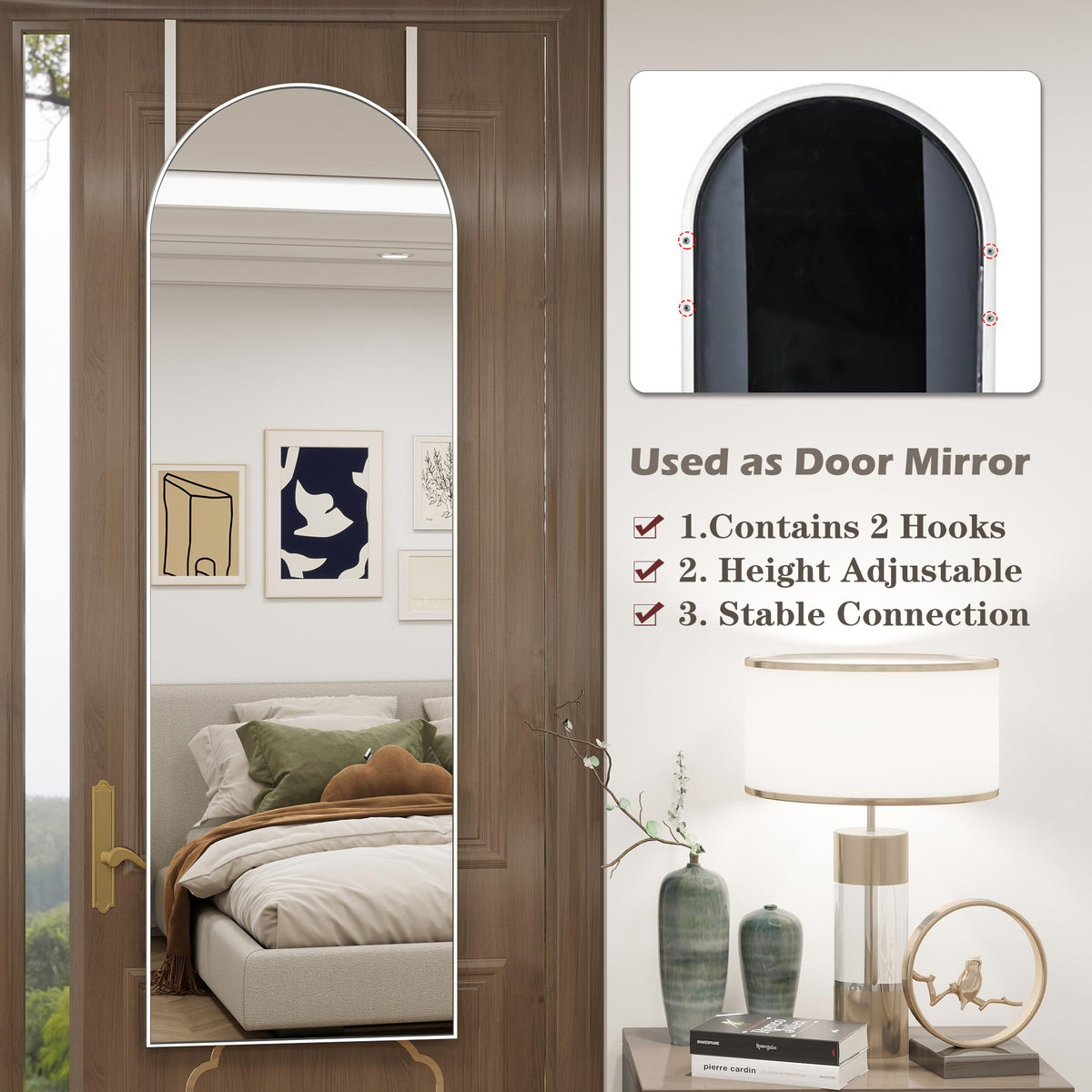 50"x 16" Door Mirror, Arched Full Length Hanging Mirror, White