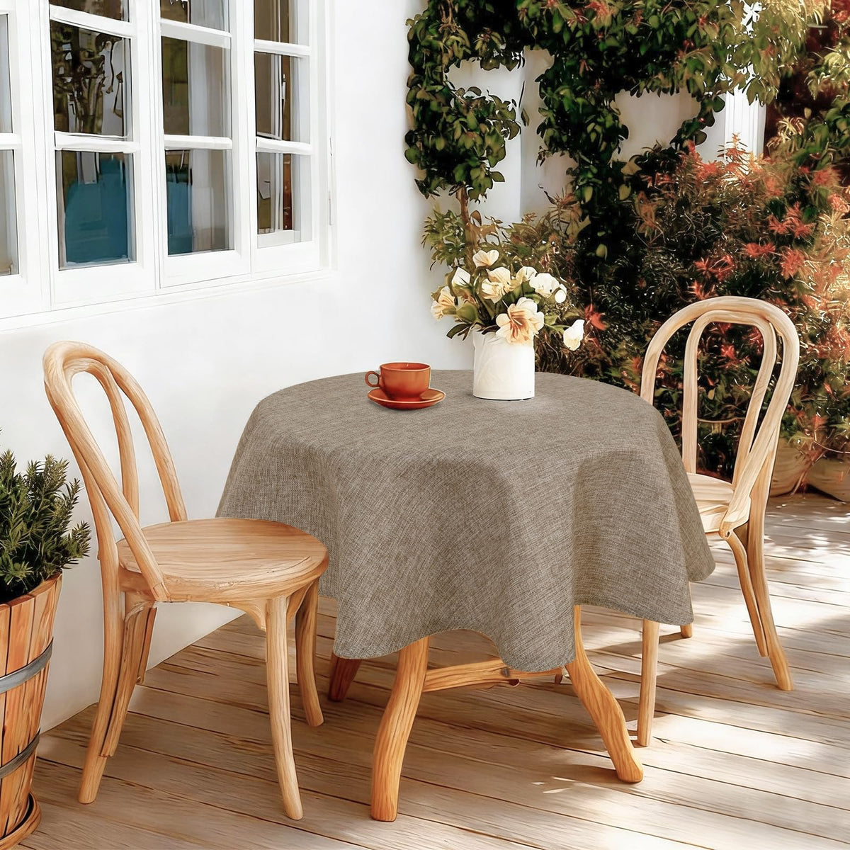 Round Textured Table Cloth Linen Wrinkle Free Stain Resistant Farmhouse Decorative Circular Tablecloth, Dining