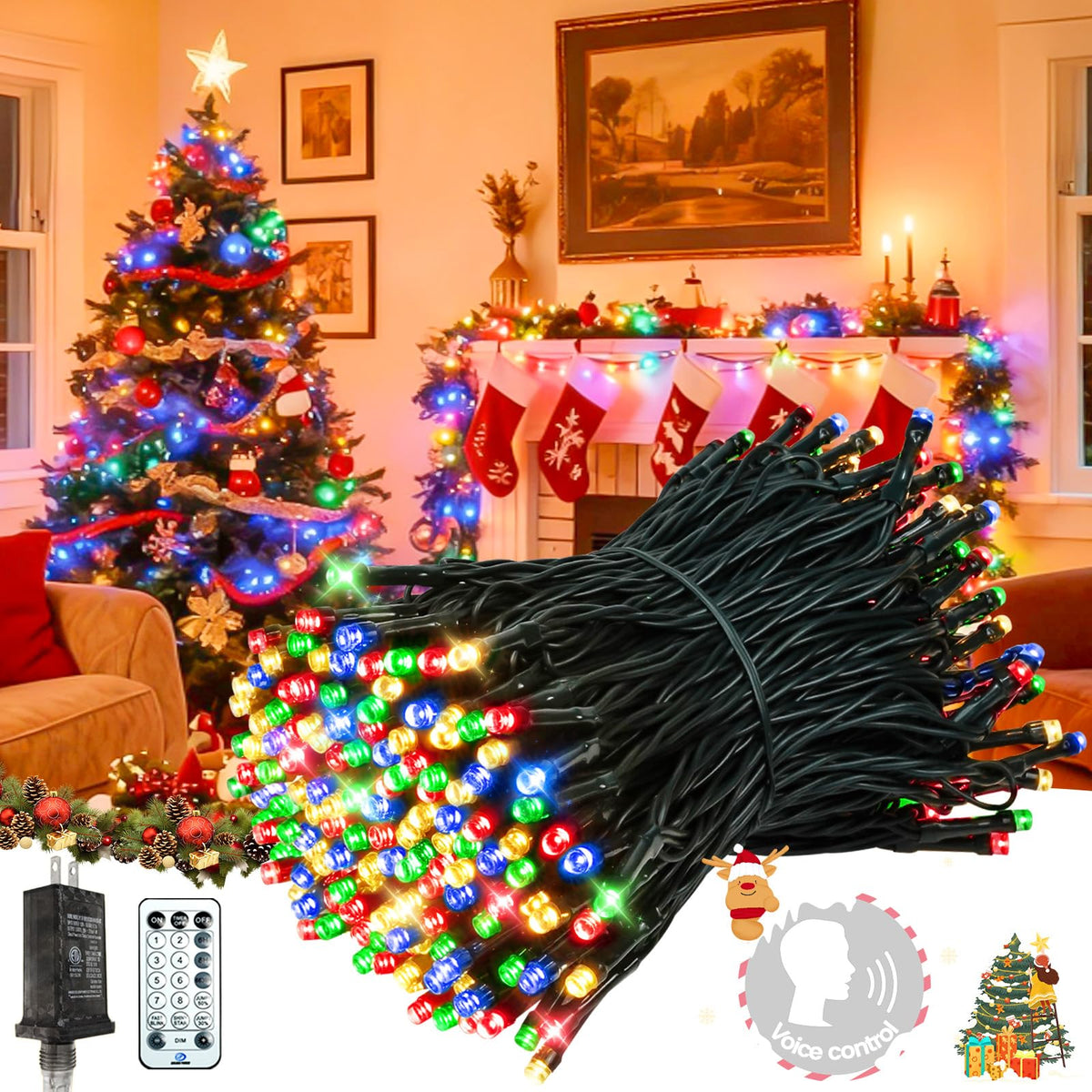 Voice Control 88Ft Christmas String Lights with Remote, Multicolor