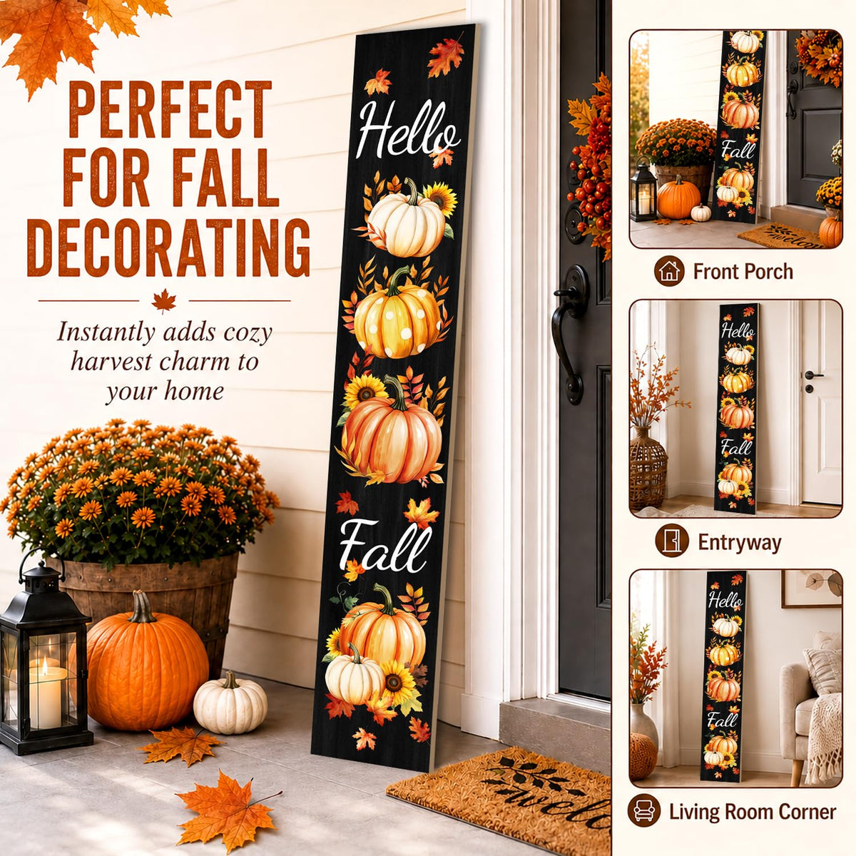Fall Wooden Porch Sign 47" Pumpkins Maple Leaves Front Door Rustic Standing Large Welcome Porch Sign Front Door Yard