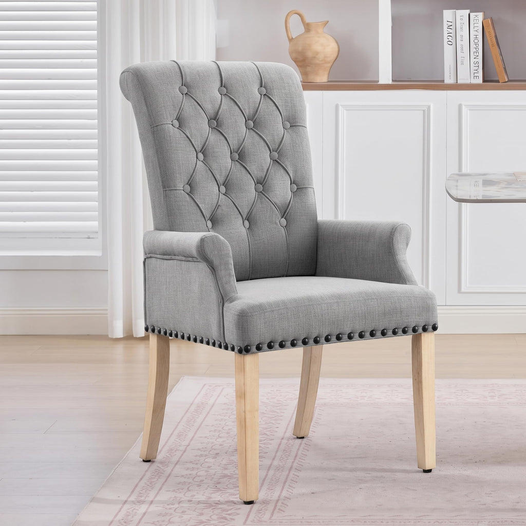 With Arms, Linen High Back Dining Room Chair, Light Grey