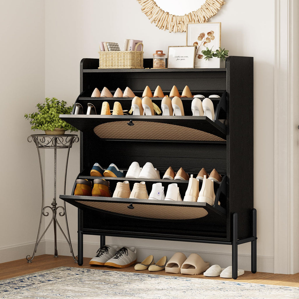 Rattan Shoe Cabinet Storage with 2 Flip Drawers, Black