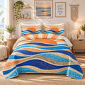 Retro Sun Ocean Wave Quilt Sets with 2 Pillowcases.