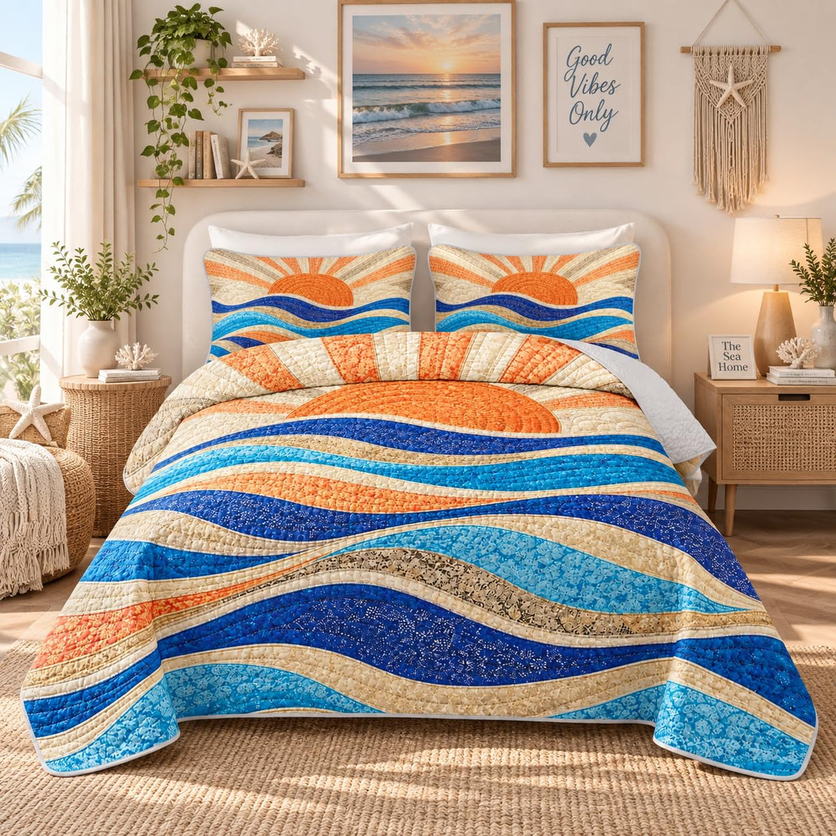 Retro Sun Ocean Wave Quilt Sets with 2 Pillowcases.