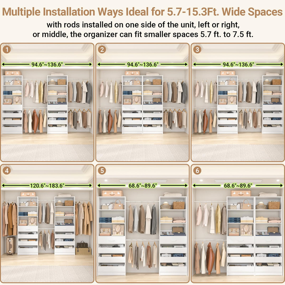 Closet System, 6-15Ft Custom Wood Closet Organizer with 8 Drawers