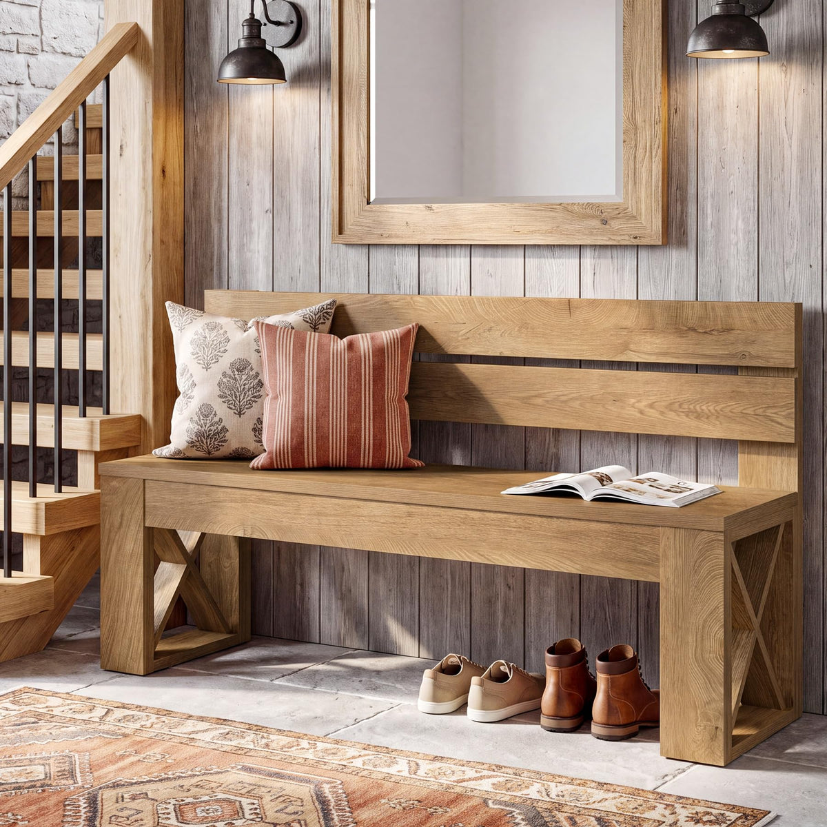 47" Entryway Bench with Backrest, Farmhouse Indoor Shoe Bench