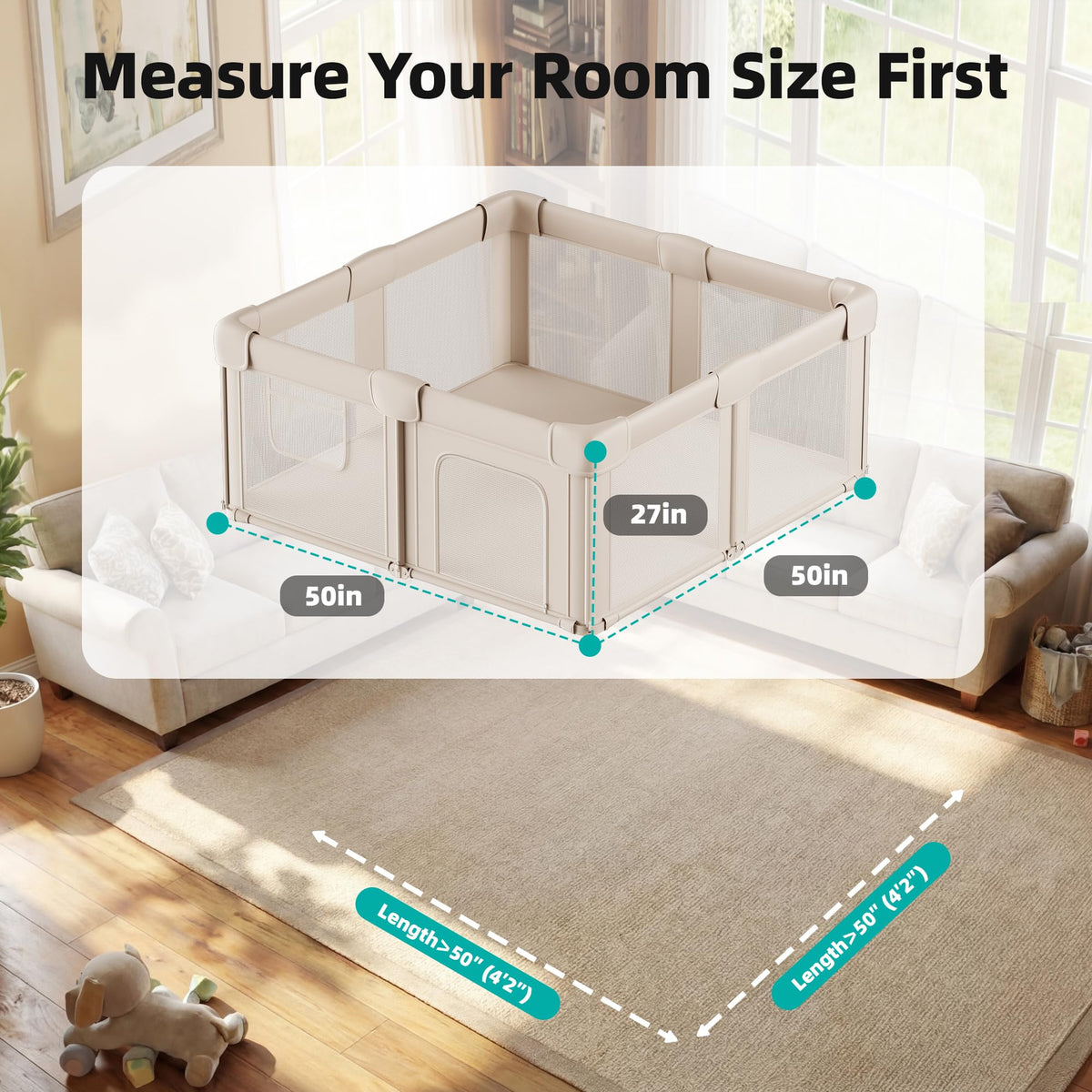 Foldable Baby Playpen with Mat, 71x59 Inches, Light Khaki