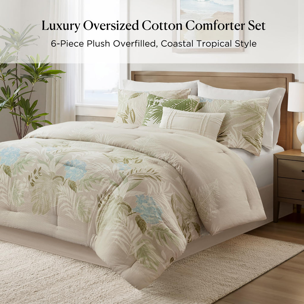 Comforter Set, Tropical Palm Print, Soft Cotton Oversized Comforter for a -Size Bed, Coastal