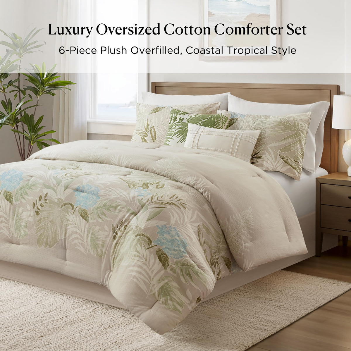 Comforter Set, Tropical Palm Print, Soft Cotton Oversized Comforter for a -Size Bed, Coastal