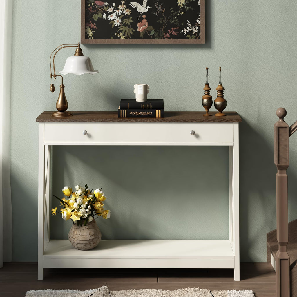 Farmhouse Console Table with Drawer and Storage Shelves, Foyer Sofa Table Narrow, Antique White & Brown