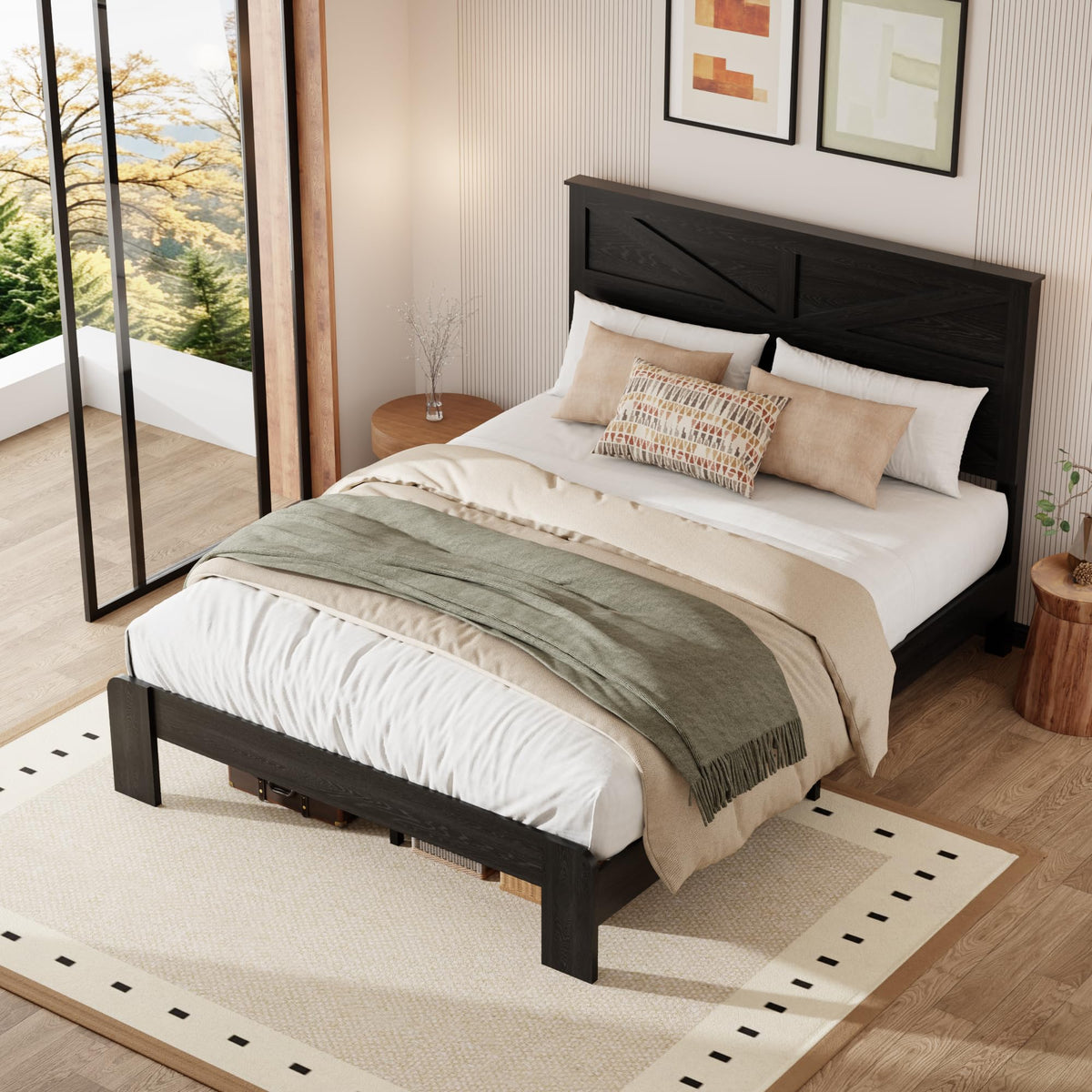 Farmhouse Wooden Bed Frame with Headboard, Black