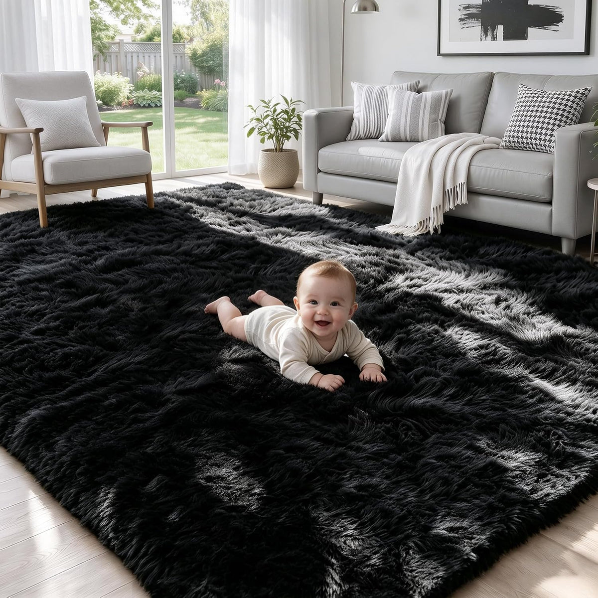 Fluffy Black Shag Area Rug, Soft Plush Pile for Bedrooms