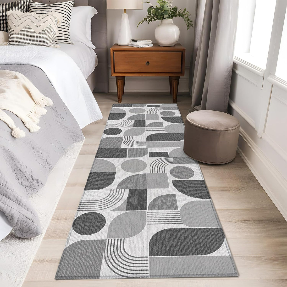 Grey Grid Blocks Runner Rug Non Slip 2x6 Boho Modern Abstract Art Geometric Minimalist Arch Lines Washable Rug Runner