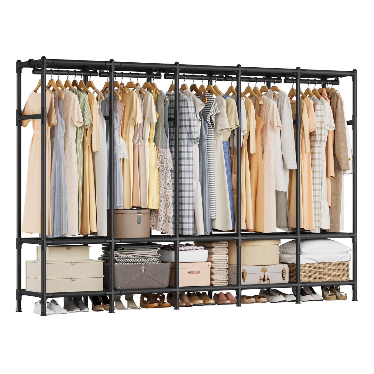 Wardrobe Closet, Fabric Cover, 5 Hanging Rails, 10 Shelves