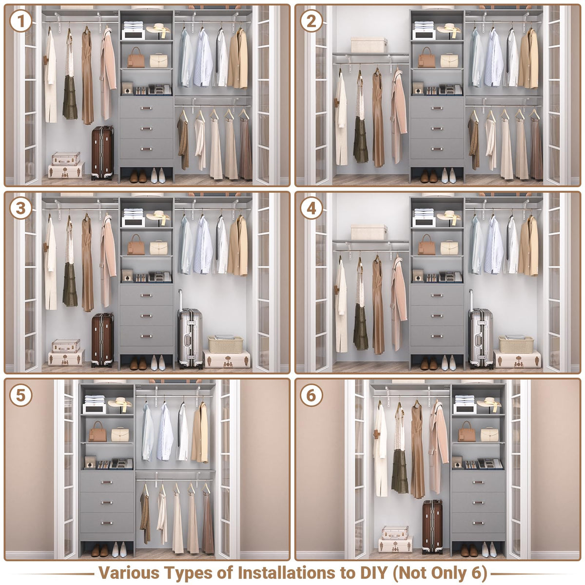 Closet System with Drawer - 8FT Wood Closet Organizer System with 3 Hanging Rods and Shelving Tower, 96" Walk In