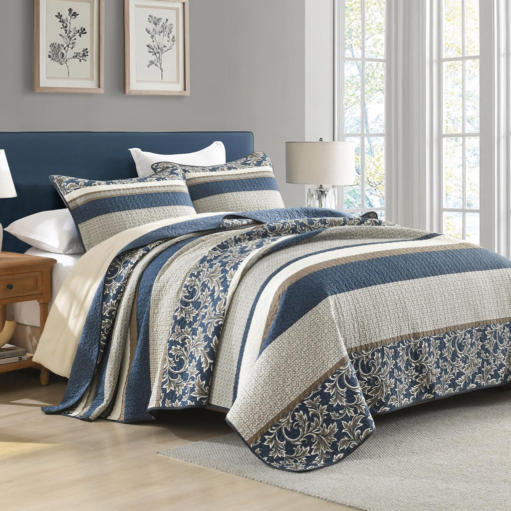 100% Cotton Quilt Set - Striped Quilted Comforter, Patchwork Botanical Quilt Bedspread, Modern
