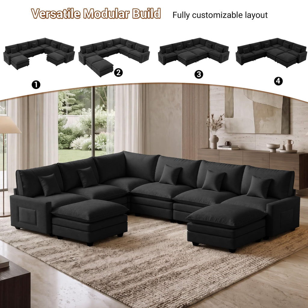 133" Modular Sectional Sofa, L-Shaped Cloud Couch with Ottoman, Black