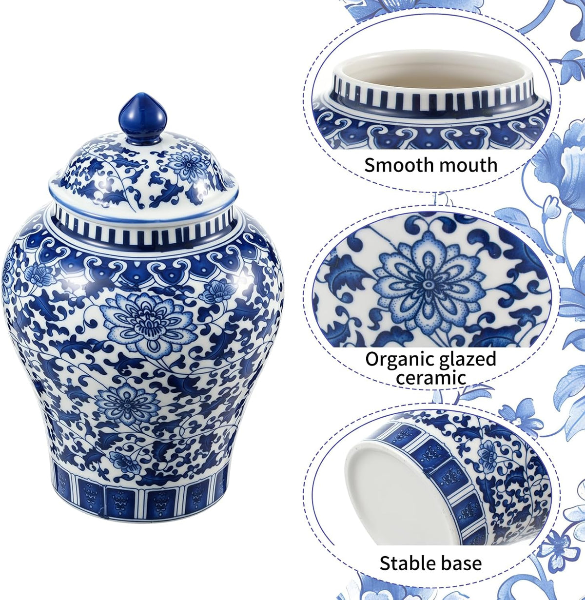 Blue and White Ginger Jar with Lid, 7.87 Inch Ceramic Chinoiserie Ginger Jar, Decorative Porcelain Ginger Vase