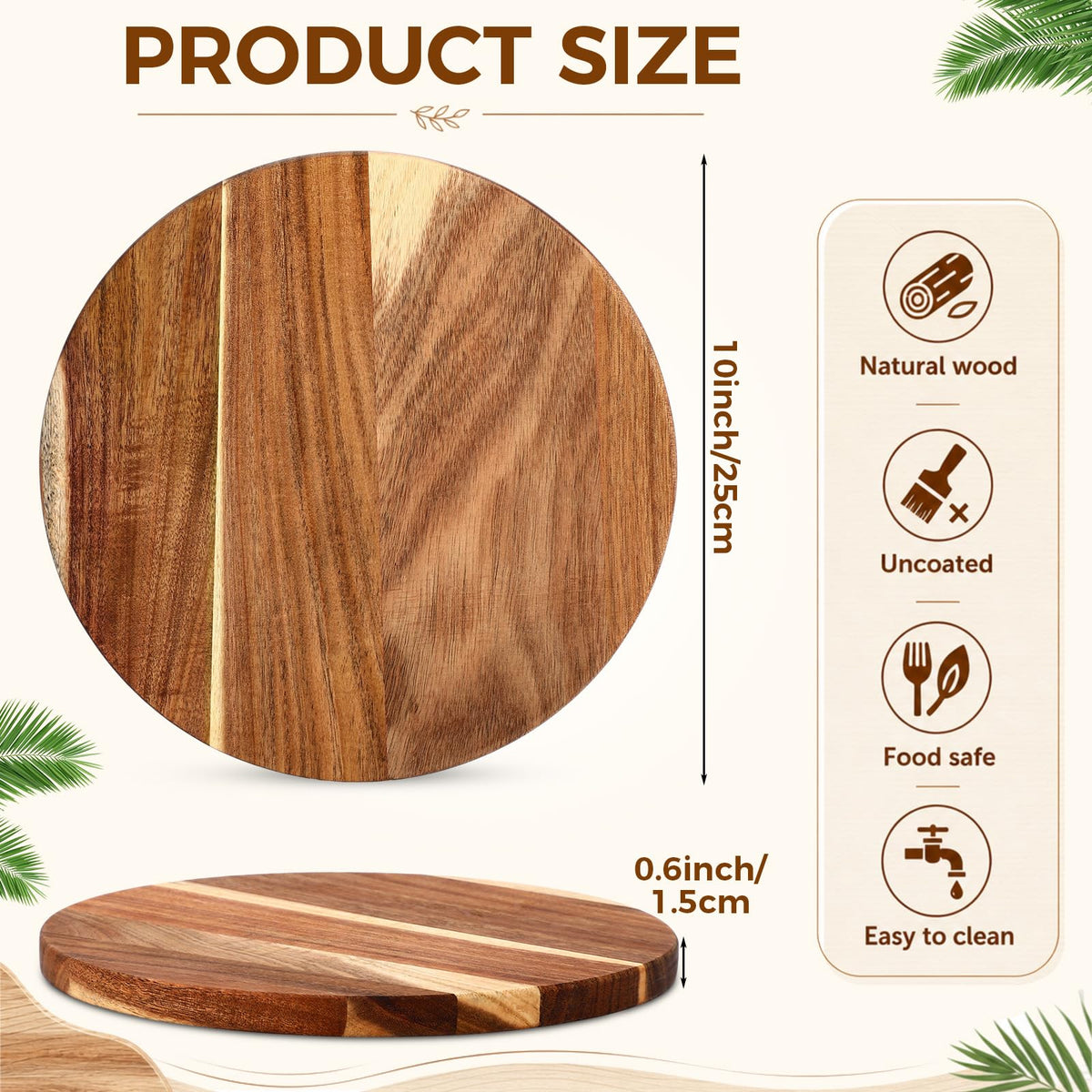 6 Pack 10" Acacia Wooden Round Cutting Boards Bulk 0.6 Inch Thick Round Charcuterie Board Smooth Surface Multipurpose