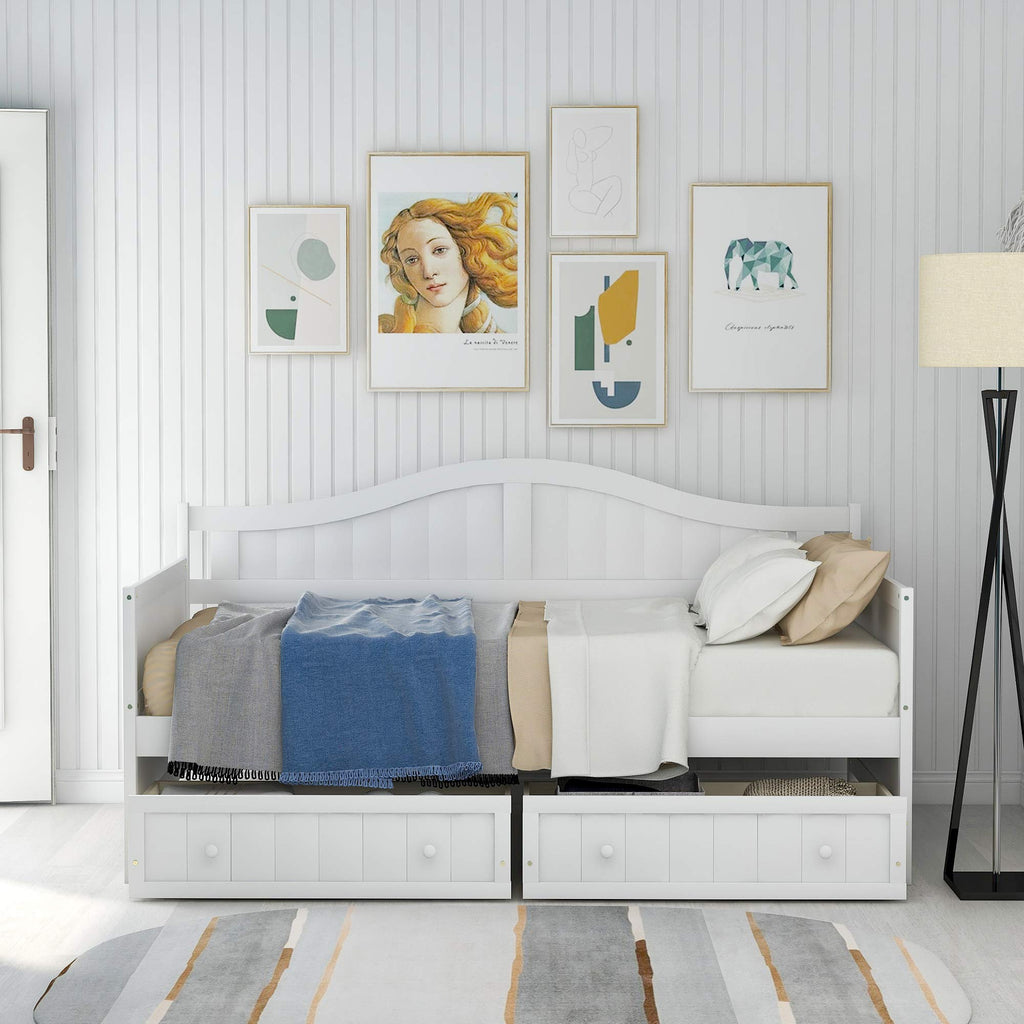 Daybed with Storage Drawers, Sturdy Pine Wood Corner Bed Frame with Headboard, Farmhouse Daybed Living