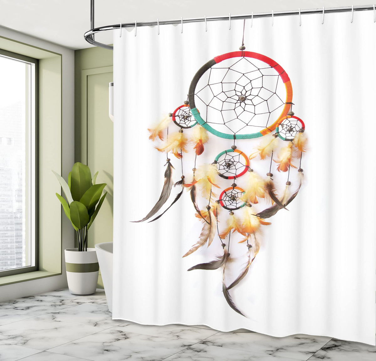 Tribal Shower Curtain, Retro Style Bohemian Dreamcatcher Image Indigenous Culture Feather, Cloth Fabric Bathroom