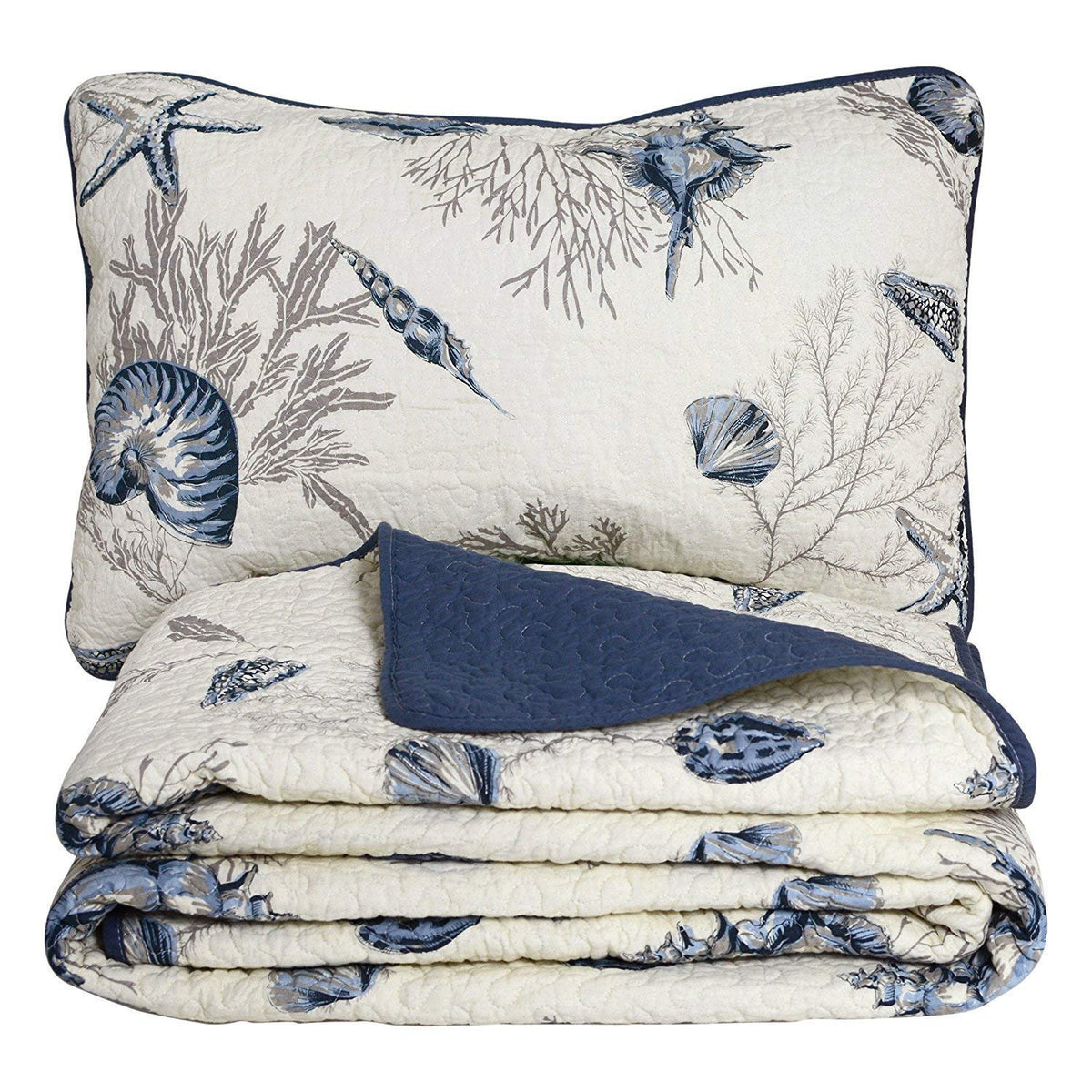 Ocean Comforter Sets 100% Cotton Lightweight Quilt Set Coverlet Sets Navy Coastal Bedding 2-Piece