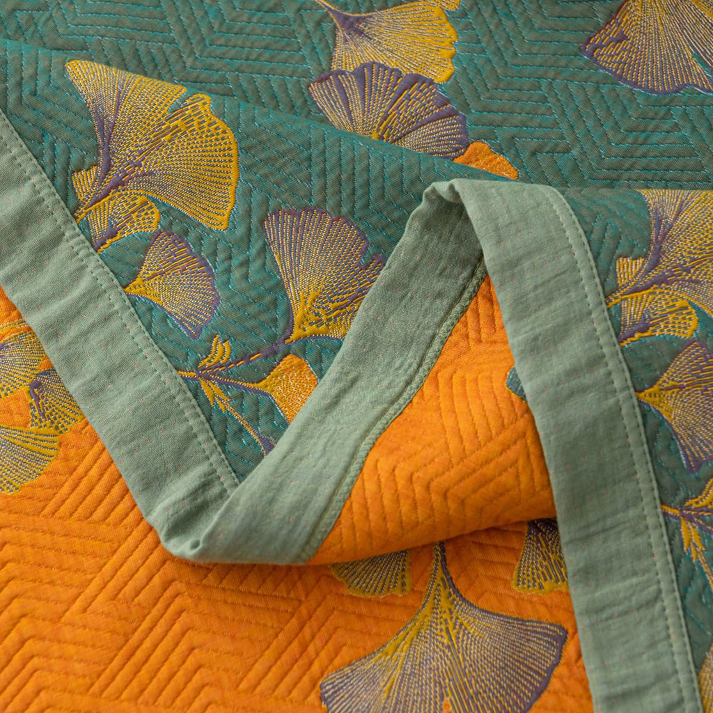 100% Cotton Jacquard Quilt Floral Ginkgo Leaves Print, Soft Muslin Bed Cover 3 Layers Reversible Bedspread Coverlet