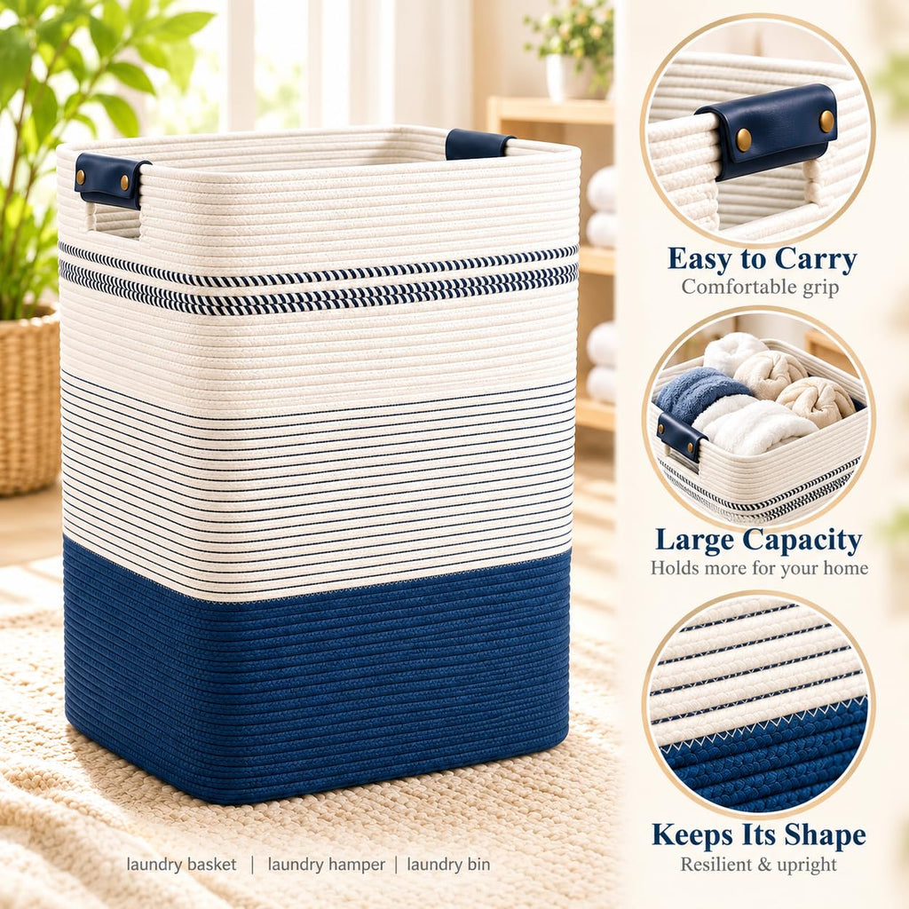 Laundry Hamper, Cotton Rope Laundry Basket with Leather Handles, 25.1-Gallon/95 L Large Clothes Hampers for Laundry