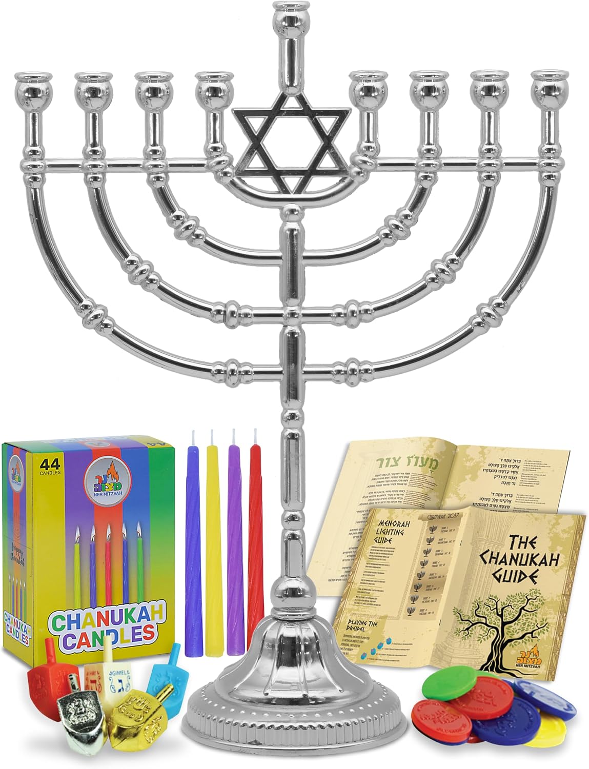 Hanukkah Complete Set - Menorahs for Chanukah - Includes , Hanukkah Candles, Dreidels, Play Coins, Chanukah Guide