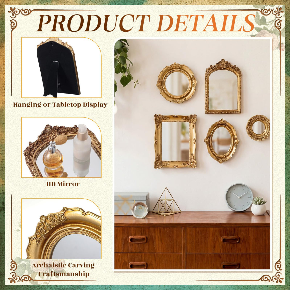5 Pcs Vintage Gold Wall Mirror Set, 10in/8in/7in/4in, Stylish Style