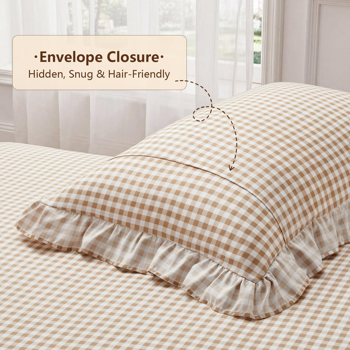 Gingham Ruffle Sheet Set, Taupe Microfiber Plaid Bed Sheets