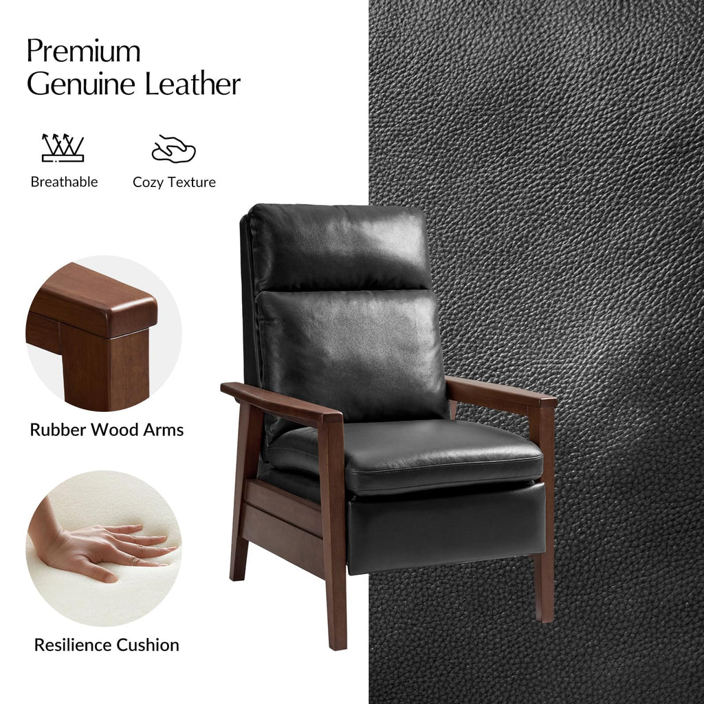 Genuine Leather Recliner with Rubber Wood Arms, Black