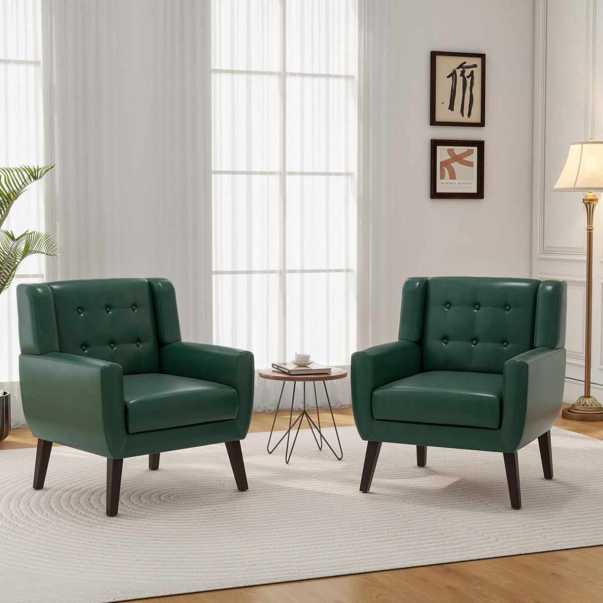 Mid-Century Modern Faux Leather Accent Chair, Green, Set of 2