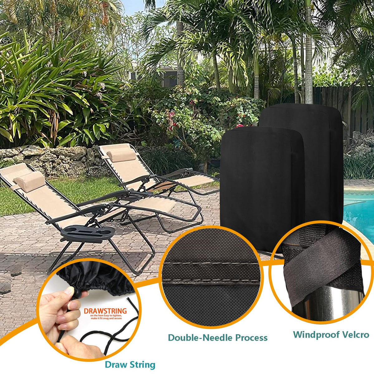 Zero Gravity Chair Covers 2 Pcs, 32.3" W x 7.9" D x 36.6" H, Black