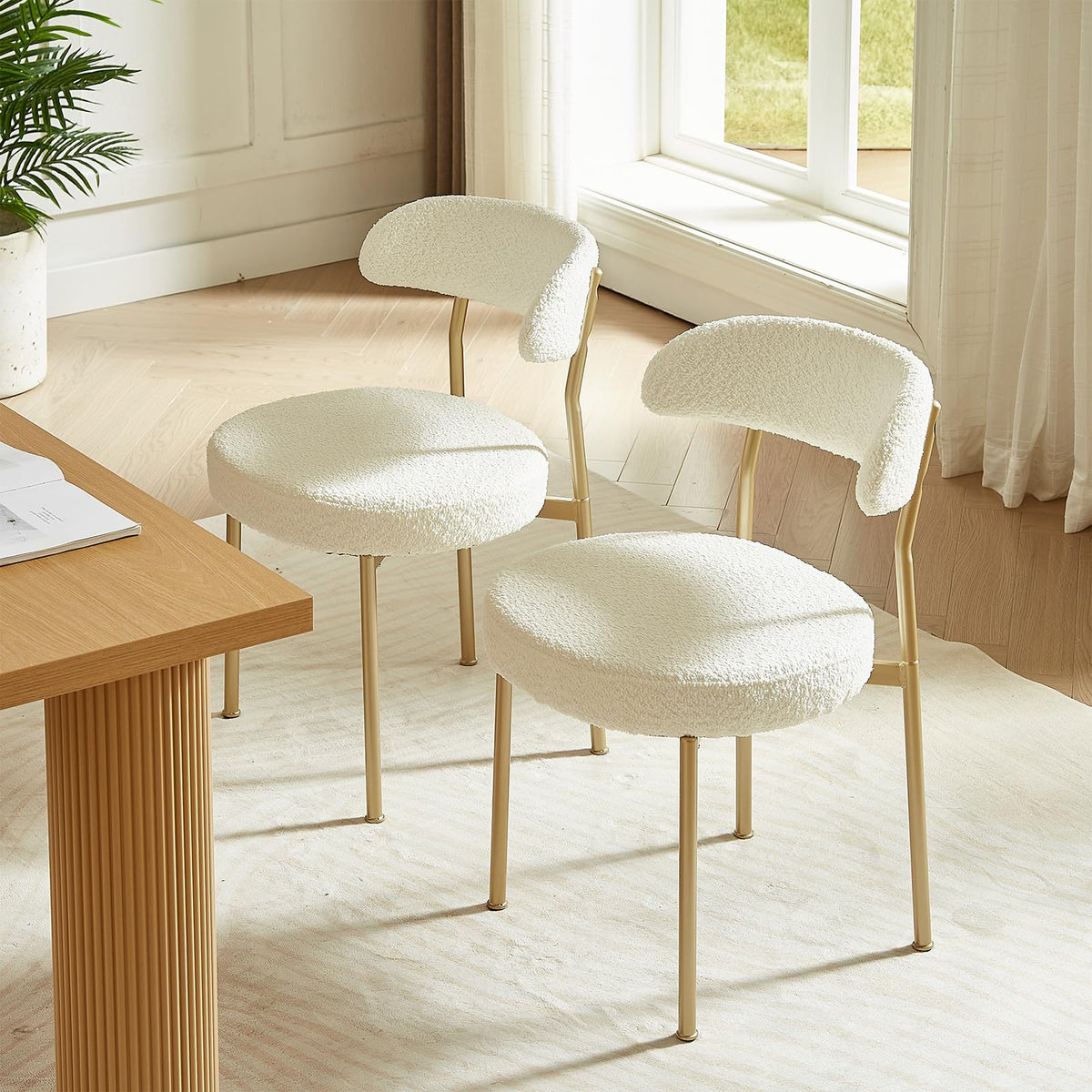 Beige Boucle Set of 2, Kitchen Dining Room Chairs Curved Backrest Upholstered Mid Century Modern Chairs with Golden