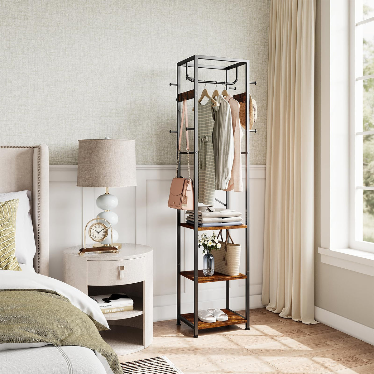 Coat Rack Freestanding, Hall Tree with 3 Shelves and 12 Hooks, Rustic Brown