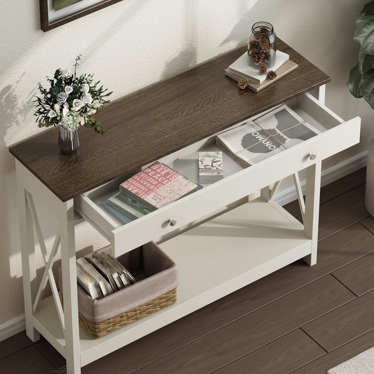 Farmhouse Console Table with Drawer and Storage Shelves, Foyer Sofa Table Narrow, Antique White & Brown