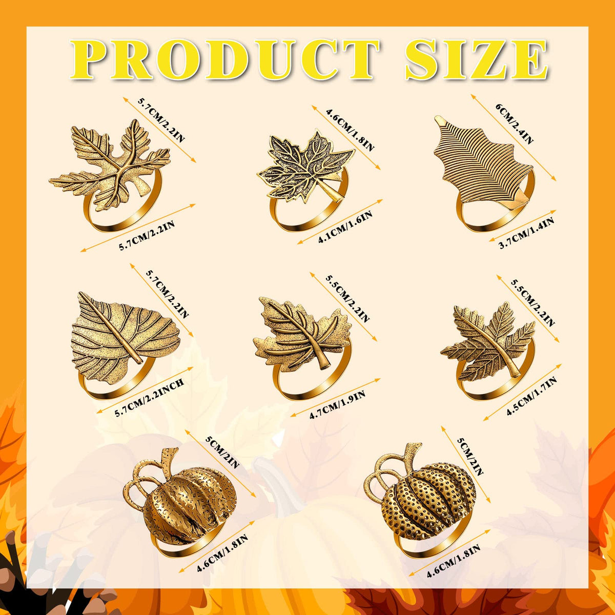 12 Pcs Thanksgiving Napkin Rings Set Fall Pumpkin Leaf Holders
