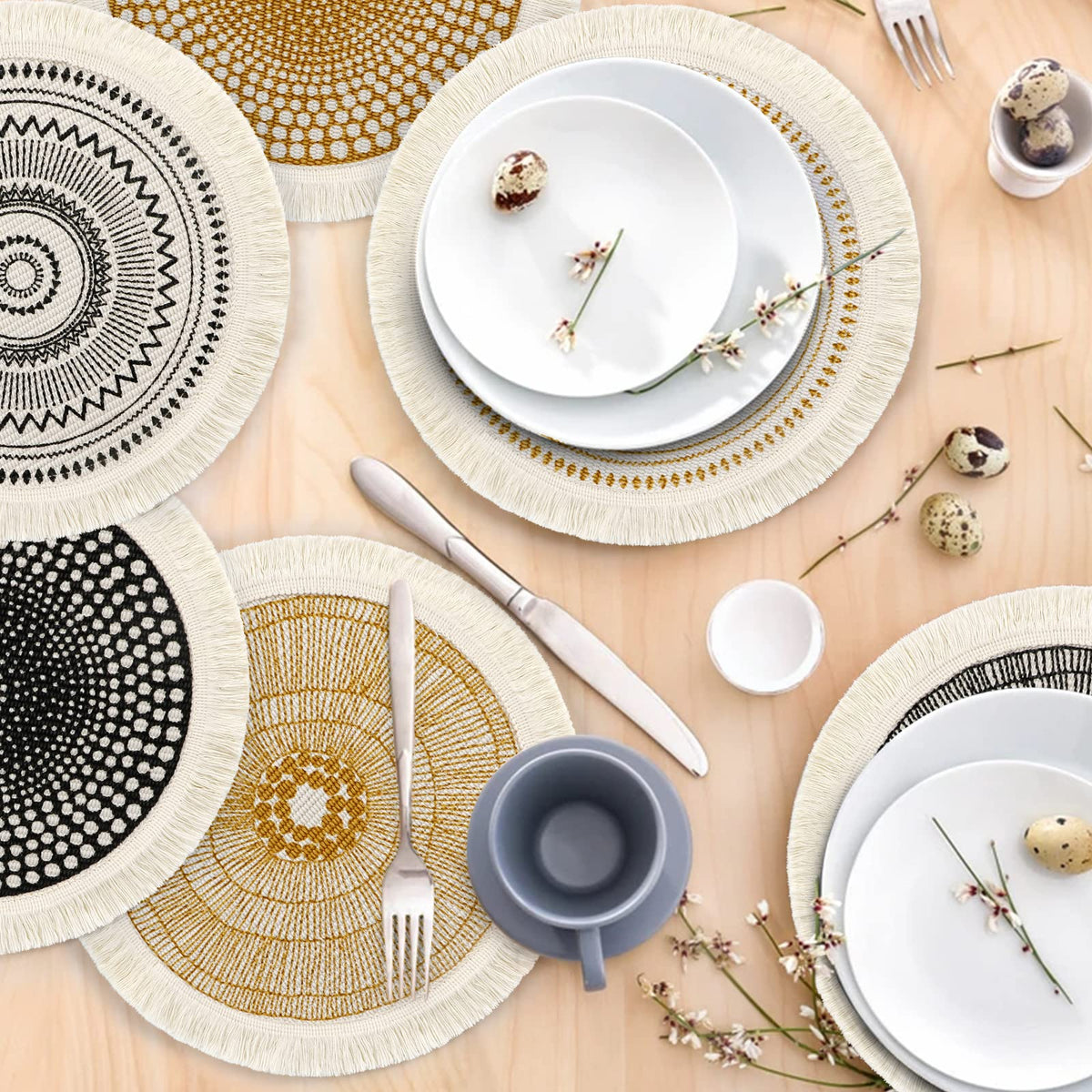 Set of 6 Round Placemats 13 Inch Cotton Woven Mandala Tassels Table Mats